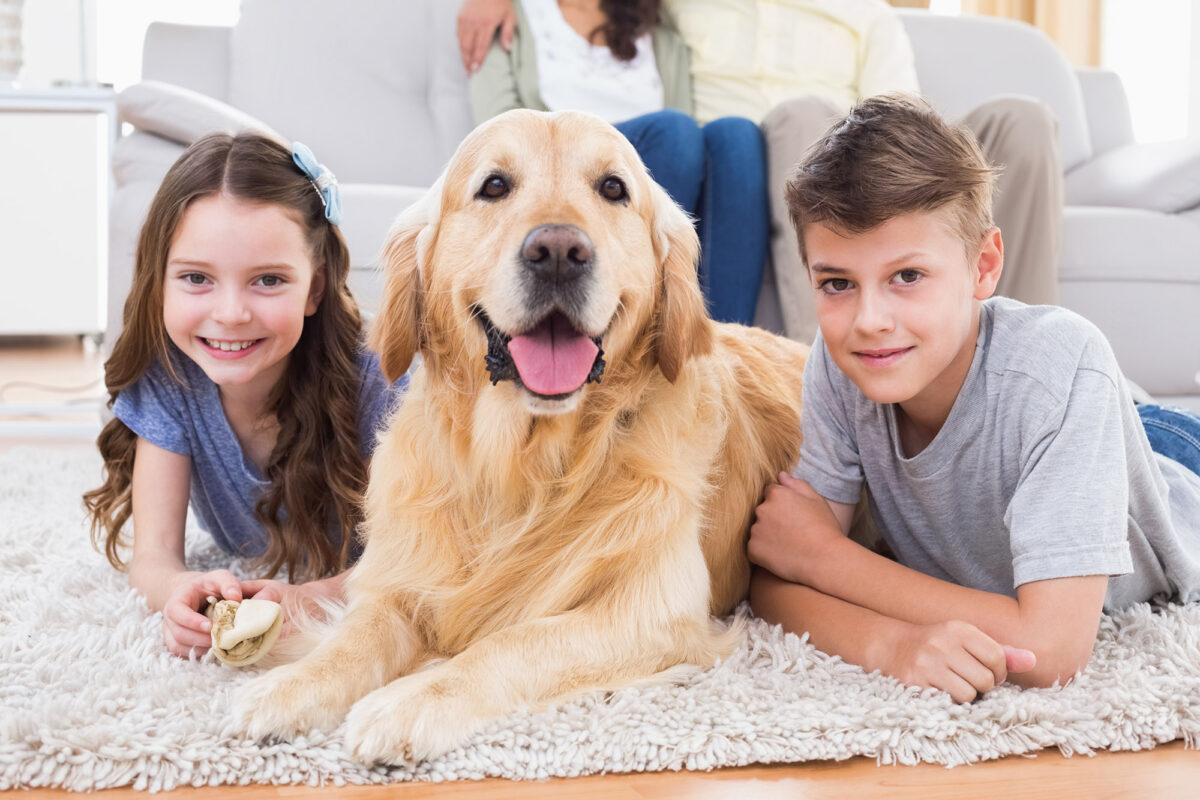 kids with dog in living room